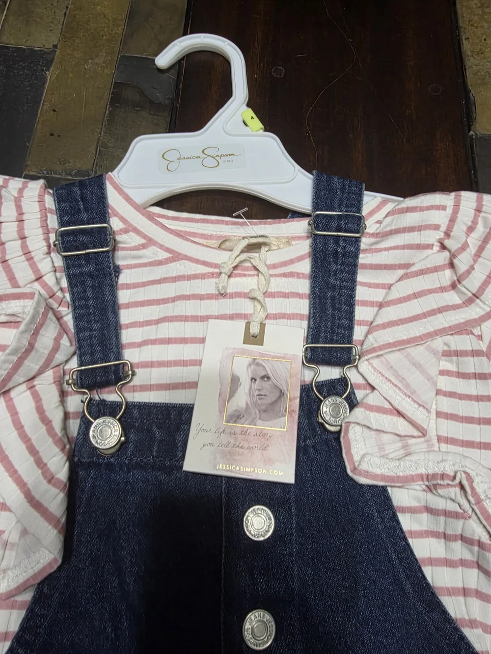 Jessica Simpson Pink Striped Ruffle Tee with Dark Blue Denim Overall Dress